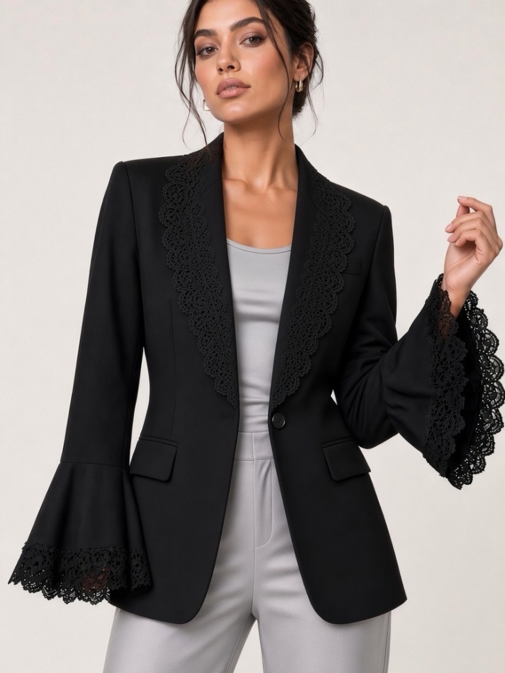 Central Park West Black Lace-Trim Blazer